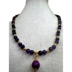 NEW Amethyst And Gold Tone Womens Beaded Necklace Purple Beads Gold Tone Accents
